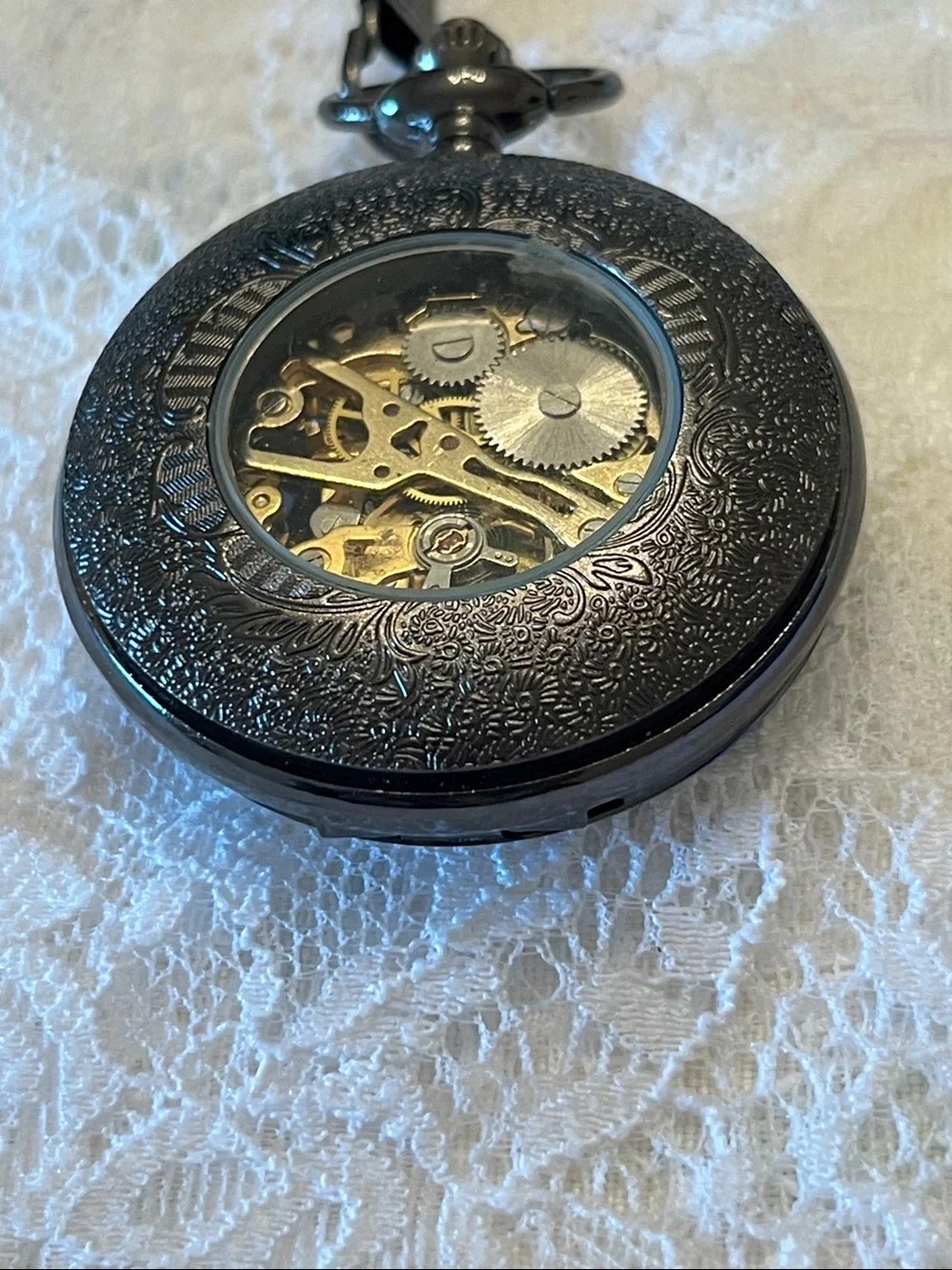 Steampunk Skeleton Pocket Watch - Black Roman Dial